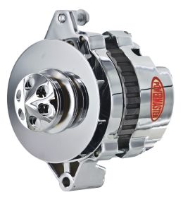 Alt, GM CS130 Chrome 105A 1V Pulley, Baffle & Cone Str, Mtg 6.61" 1-Wire or OE Hookup