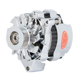 Alt, GM CS121 Chrome 100A 6 grv Pulley, Offset Right Mtg 1-Wire or OE Hookup