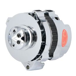Alt, GM CS130 Chrome 140A 1V Pulley, Baffle & Cone Offset Left Mtg Side BAT Post 1-Wire or OE Hookup